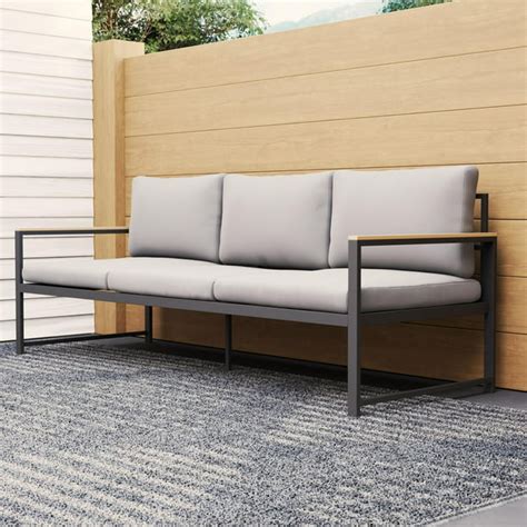 outdoor metal sofa with cushions.